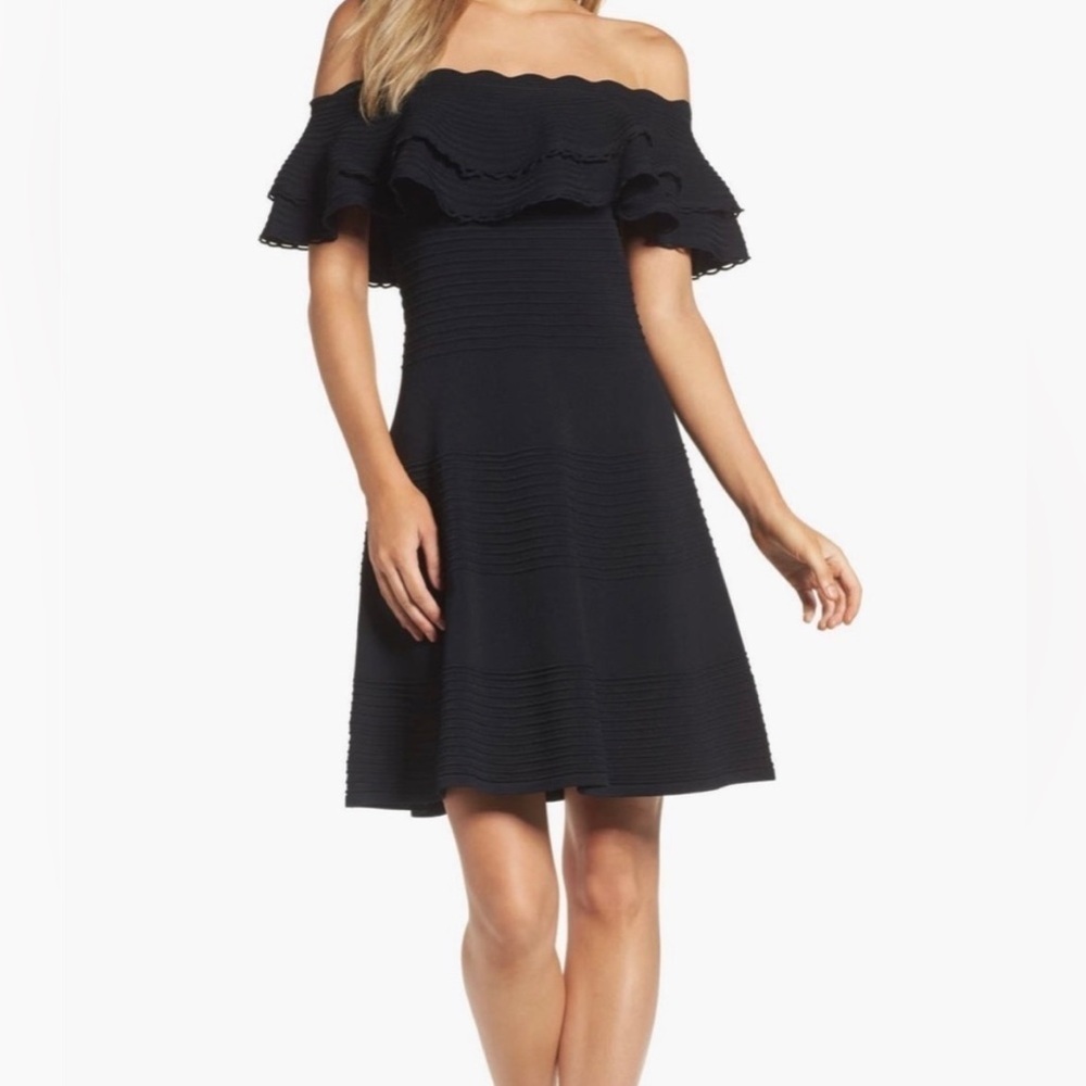 Eliza J Fit and Flare Black Off the Shoulder Midi Dress Sz M Ruffle A-line
